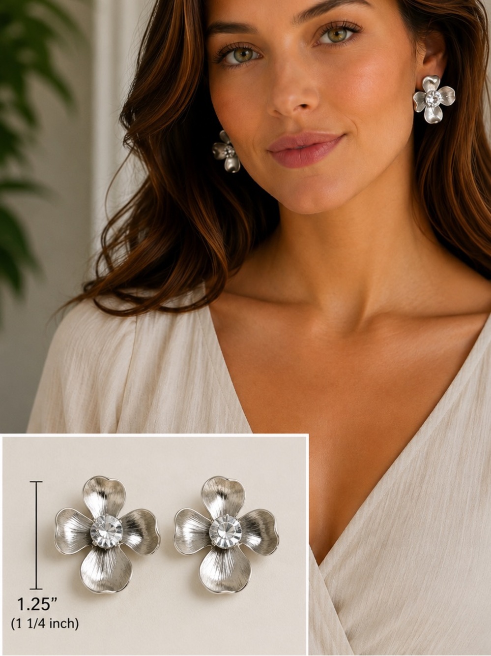 Vintage Silver Tone Floral Rhinestone Earrings | Textured Flower Statement Studs